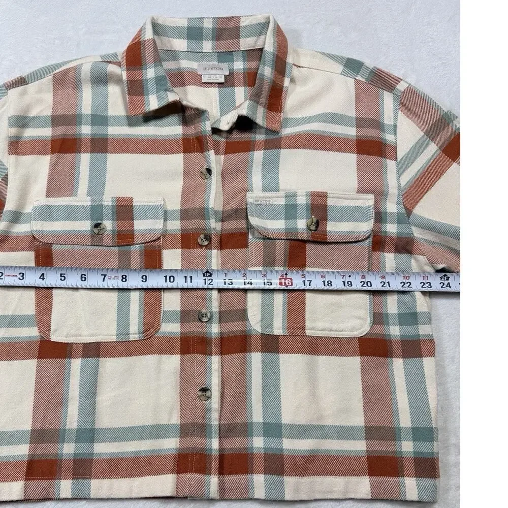 Brixton Bowery Cropped Flannel Shirt Plaid Terracotta White Smoke Womens Sz L